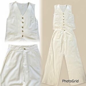 Linen Blend Matching Vest Top And High Waisted  Pants Set in Cream size Small